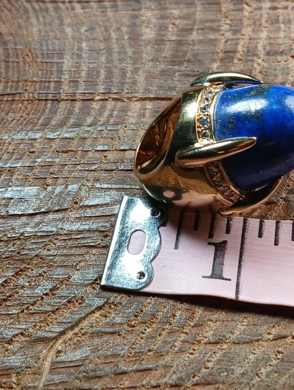 Gold-Tone Lapis Lazuli Statement Ring with Pavé Accents Size 5